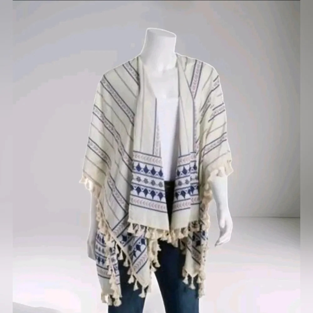 Ivory & Navy Blue Aztec Bohemian Indie Open Front Kimono with tassels OS